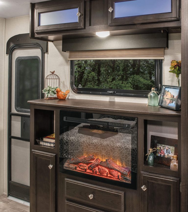 A blazing fireplace within a trailer